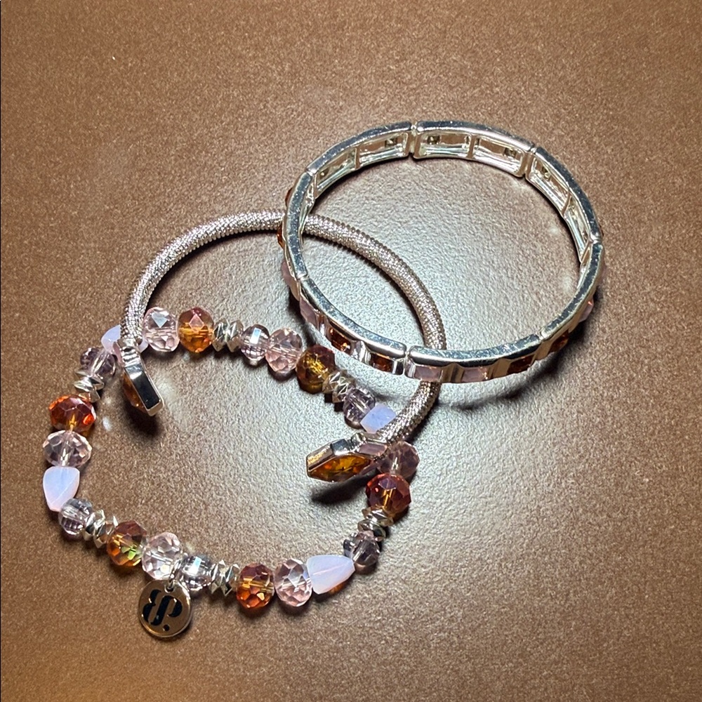 Bomb Party Peach Stack. Elegant Silver, Peach and Pink Bracelet Set - Picture 7 of 8